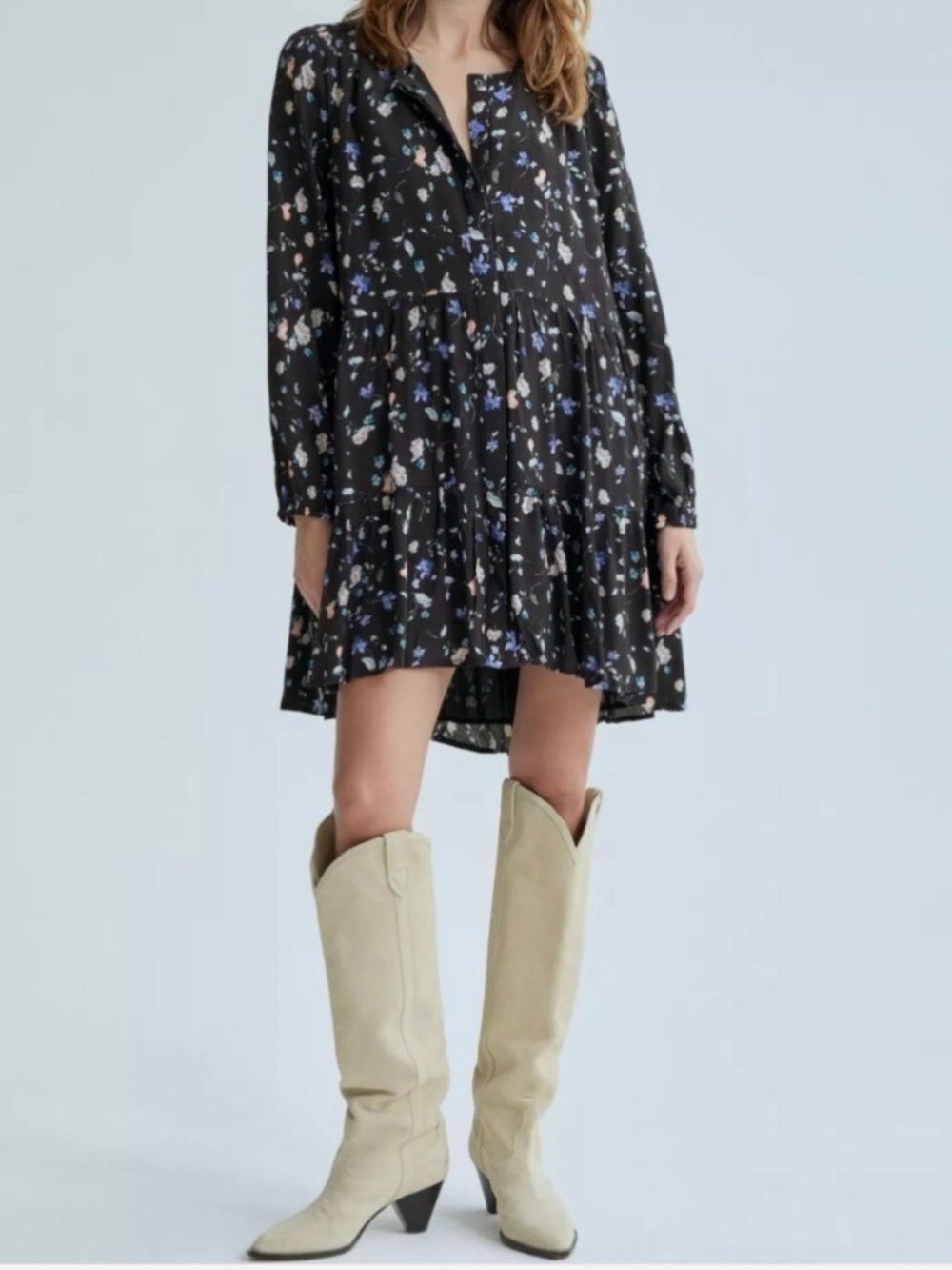 Wilfred Aritzia Barossa Black Floral Tiered Long Sleeve Whimsigoth Dress Large